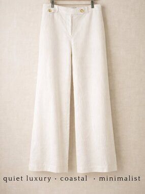 Talbots Greenwich White Linen Wide Leg Pants High Rise Sailor Detail 8 NWOT
